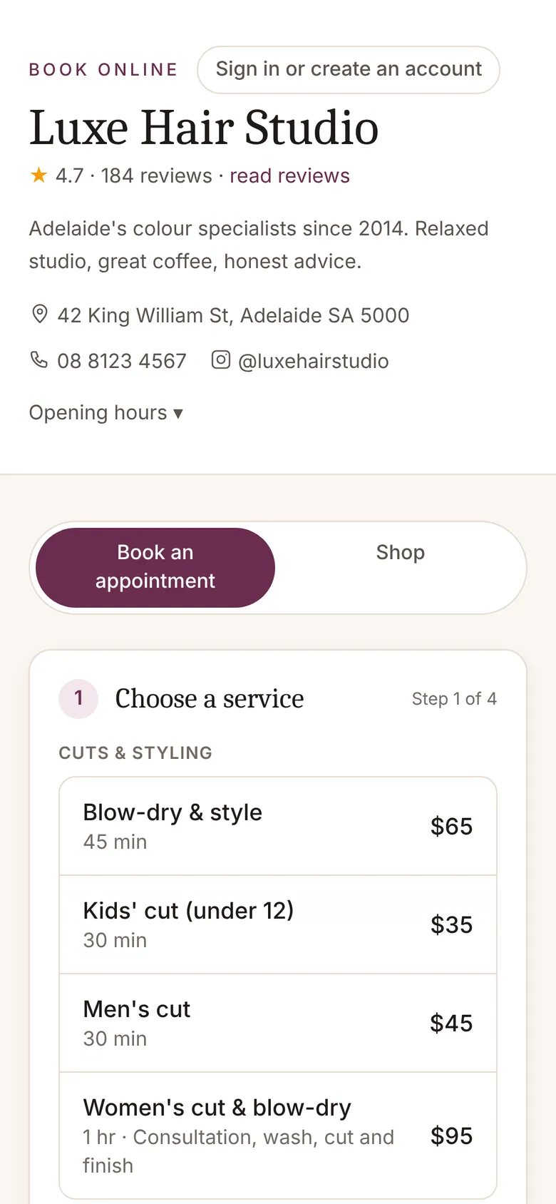 A salon's booking page on a phone, listing services and prices