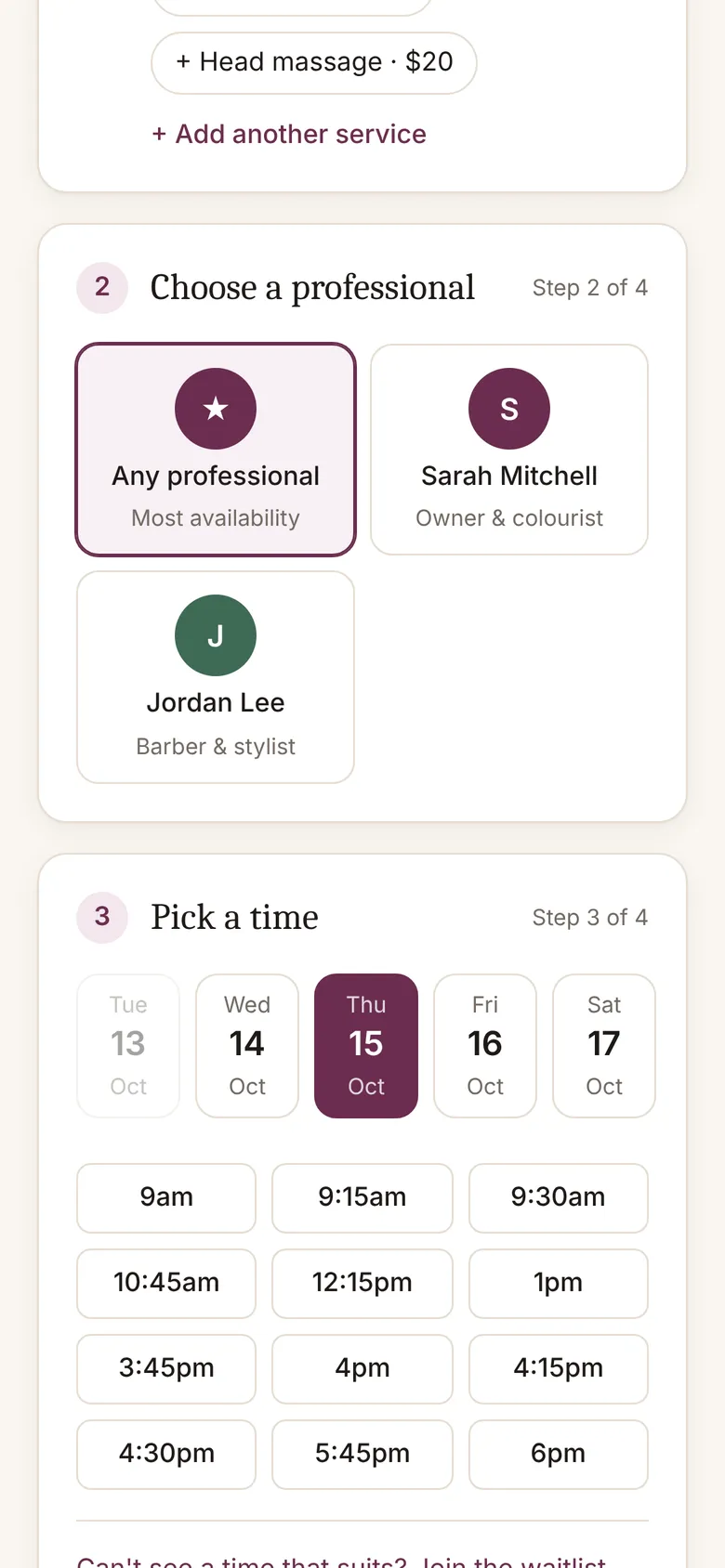 Choosing a day and time on the booking page