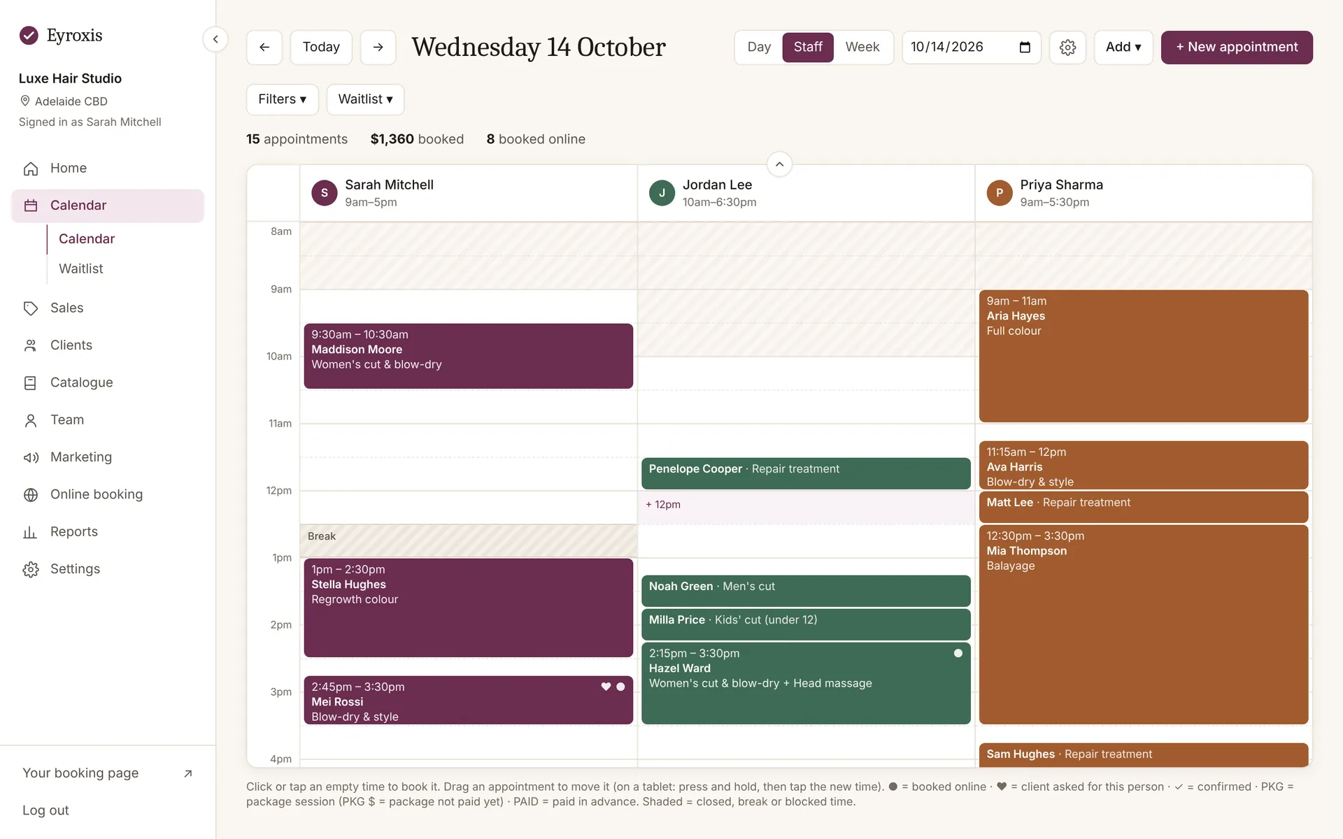 The calendar with each team member's bookings side by side