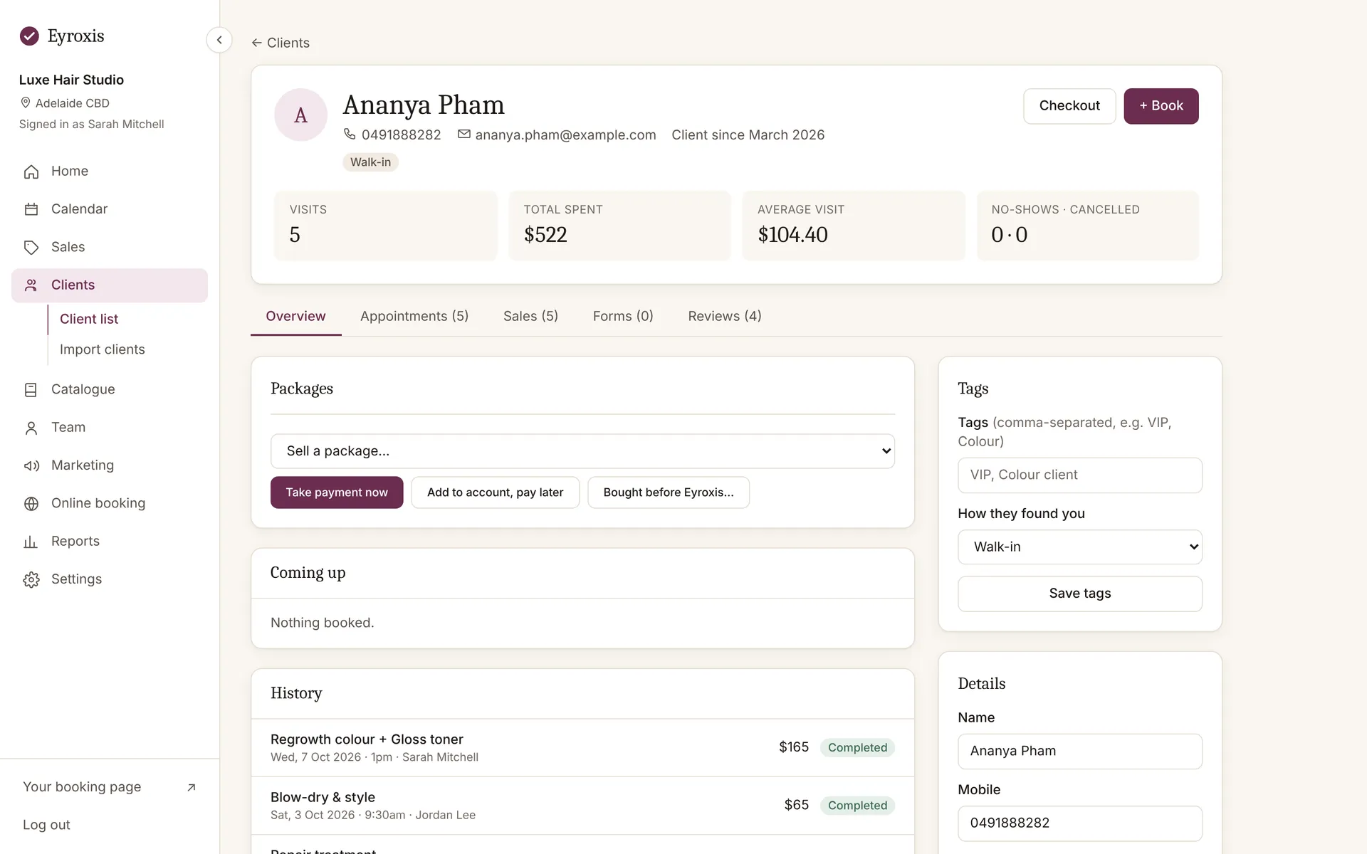 A client's profile with visits, spend and notes